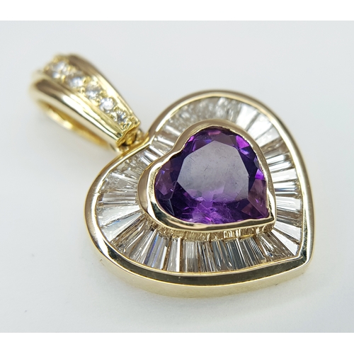 170 - An 18K Yellow Gold, Amethyst and Diamond Heart Pendant. A 2ct heart shaped centre stone with a taper... 