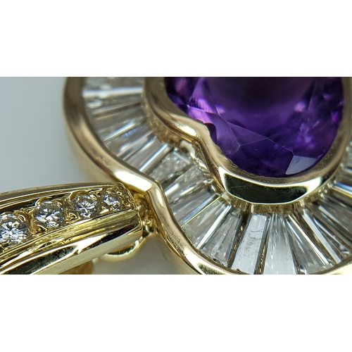170 - An 18K Yellow Gold, Amethyst and Diamond Heart Pendant. A 2ct heart shaped centre stone with a taper... 
