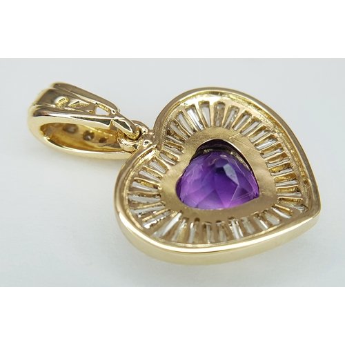 170 - An 18K Yellow Gold, Amethyst and Diamond Heart Pendant. A 2ct heart shaped centre stone with a taper... 