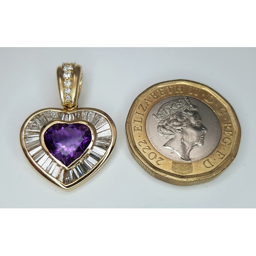 170 - An 18K Yellow Gold, Amethyst and Diamond Heart Pendant. A 2ct heart shaped centre stone with a taper... 