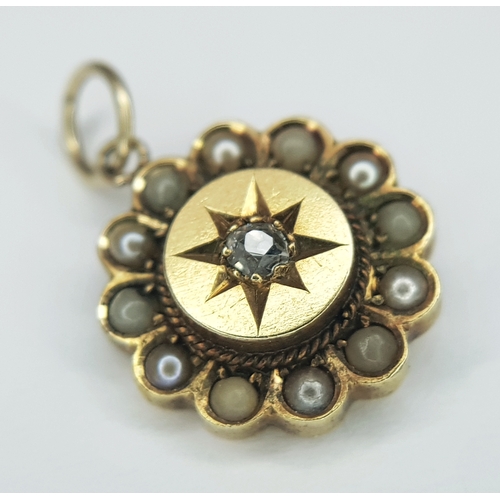 171 - A 15K YELLOW GOLD, ANTIQUE, DIAMOND AND SEED PEARL SET PENDANT. TOTAL WEIGHT 1.9G. 10183