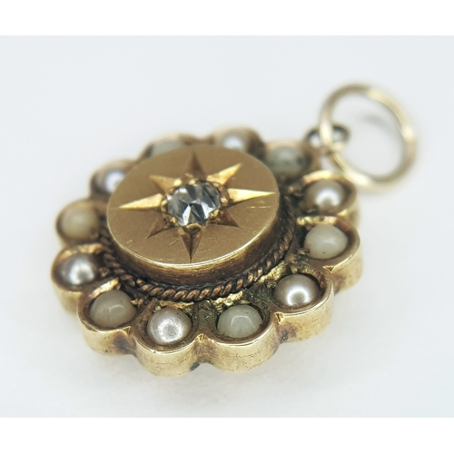 171 - A 15K YELLOW GOLD, ANTIQUE, DIAMOND AND SEED PEARL SET PENDANT. TOTAL WEIGHT 1.9G. 10183