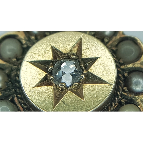 171 - A 15K YELLOW GOLD, ANTIQUE, DIAMOND AND SEED PEARL SET PENDANT. TOTAL WEIGHT 1.9G. 10183
