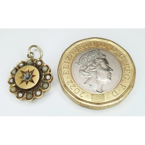 171 - A 15K YELLOW GOLD, ANTIQUE, DIAMOND AND SEED PEARL SET PENDANT. TOTAL WEIGHT 1.9G. 10183