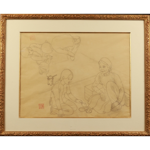 172 - Drinking Tea by Mai Trung Thu, 50 x 64 cm, Pencil on paper. Great Condition, well preserved. Mai Tru... 