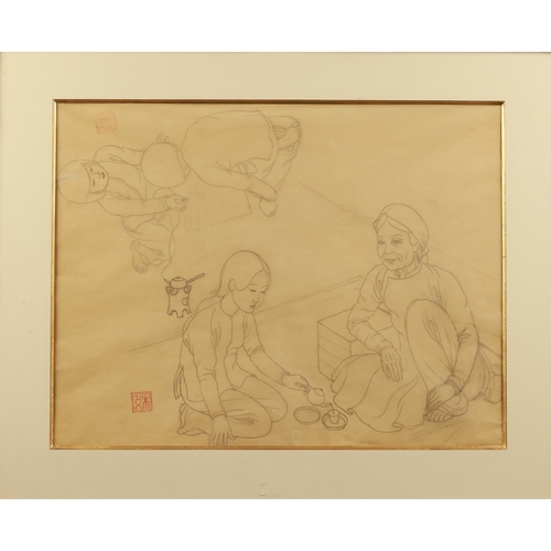 172 - Drinking Tea by Mai Trung Thu, 50 x 64 cm, Pencil on paper. Great Condition, well preserved. Mai Tru... 