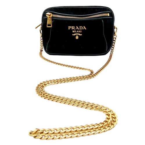 173 - A Prada Black Velvet Chain Shoulder Bag. Black velvet exterior with smooth black leather trim, gold-... 