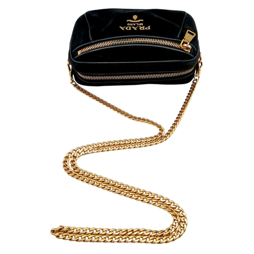 173 - A Prada Black Velvet Chain Shoulder Bag. Black velvet exterior with smooth black leather trim, gold-... 