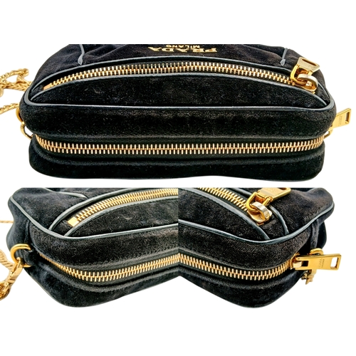 173 - A Prada Black Velvet Chain Shoulder Bag. Black velvet exterior with smooth black leather trim, gold-... 