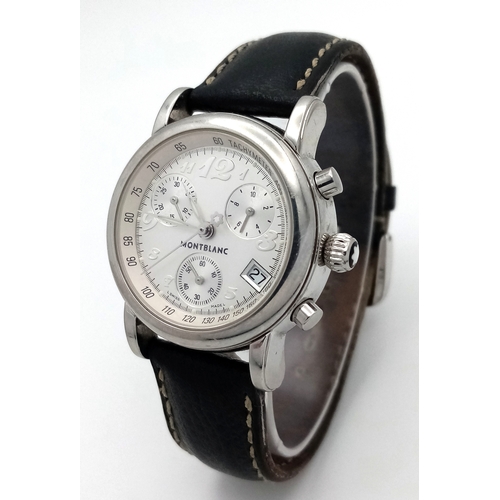 177 - A Montblanc Meisterstuck Quartz Watch. Black leather strap. Stainless steel case - 32mm. White dial ... 
