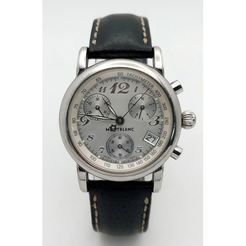 177 - A Montblanc Meisterstuck Quartz Watch. Black leather strap. Stainless steel case - 32mm. White dial ... 