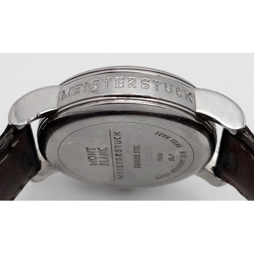 177 - A Montblanc Meisterstuck Quartz Watch. Black leather strap. Stainless steel case - 32mm. White dial ... 