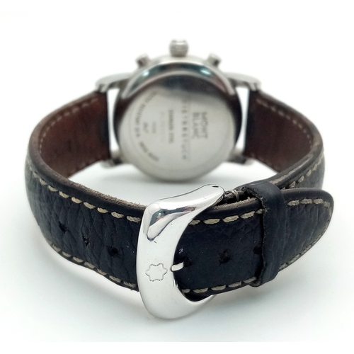 177 - A Montblanc Meisterstuck Quartz Watch. Black leather strap. Stainless steel case - 32mm. White dial ... 