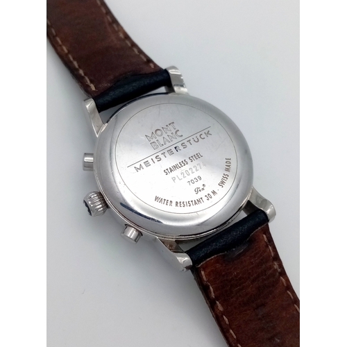 177 - A Montblanc Meisterstuck Quartz Watch. Black leather strap. Stainless steel case - 32mm. White dial ... 