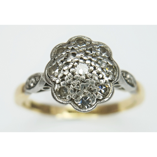 178 - AN 18K YELLOW GOLD AND PLATINUM, ANTIQUE, DIAMOND SET, CLUSTER RING. TOTAL WEIGHT 2.5G, SIZE I. SC 9... 