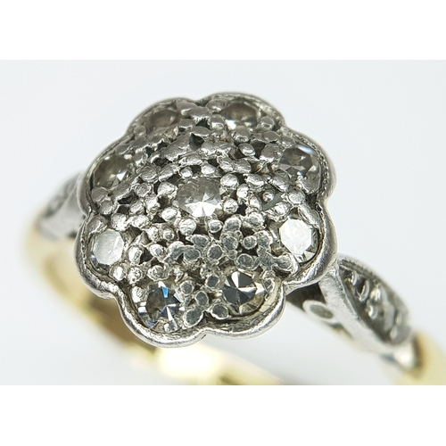 178 - AN 18K YELLOW GOLD AND PLATINUM, ANTIQUE, DIAMOND SET, CLUSTER RING. TOTAL WEIGHT 2.5G, SIZE I. SC 9... 