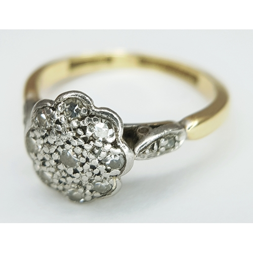 178 - AN 18K YELLOW GOLD AND PLATINUM, ANTIQUE, DIAMOND SET, CLUSTER RING. TOTAL WEIGHT 2.5G, SIZE I. SC 9... 