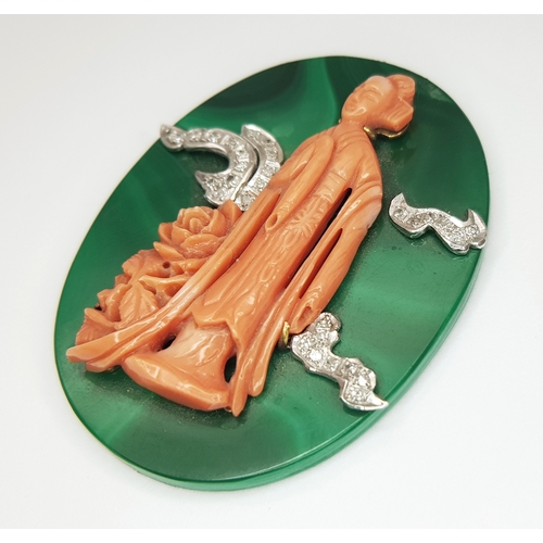 268 - A Carved Red Coral Female Figure Brooch (Converted) on Malachite Base with Diamond Set 14K Gold Moun... 