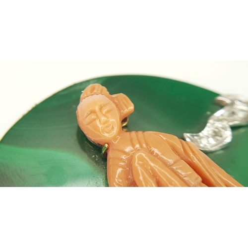268 - A Carved Red Coral Female Figure Brooch (Converted) on Malachite Base with Diamond Set 14K Gold Moun... 