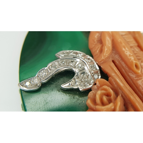 268 - A Carved Red Coral Female Figure Brooch (Converted) on Malachite Base with Diamond Set 14K Gold Moun... 