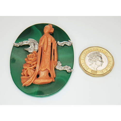 268 - A Carved Red Coral Female Figure Brooch (Converted) on Malachite Base with Diamond Set 14K Gold Moun... 
