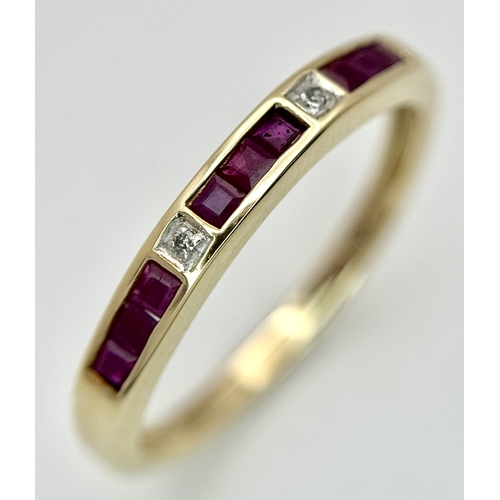292 - A 9K YELLOW GOLD, DIAMOND AND RUBY SET, BAND RING. TOTAL WEIGHT 2.1G, SIZE P. SC 9023