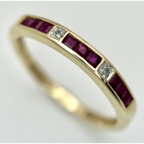 292 - A 9K YELLOW GOLD, DIAMOND AND RUBY SET, BAND RING. TOTAL WEIGHT 2.1G, SIZE P. SC 9023