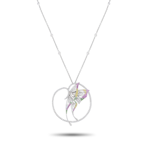 150 - A Bucherer 18K White Gold 2.20ct Diamond, Sapphire and Tsavorite Butterfly Necklace. Ornately detail... 