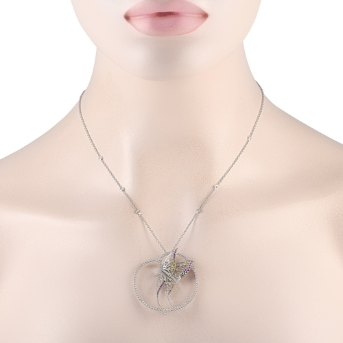 150 - A Bucherer 18K White Gold 2.20ct Diamond, Sapphire and Tsavorite Butterfly Necklace. Ornately detail... 
