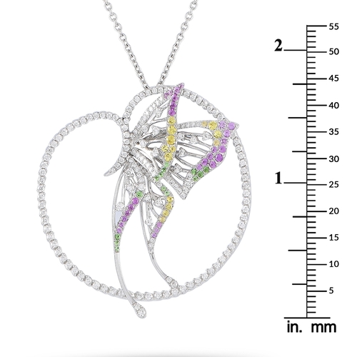 150 - A Bucherer 18K White Gold 2.20ct Diamond, Sapphire and Tsavorite Butterfly Necklace. Ornately detail... 