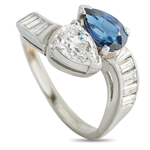 166 - A  Platinum 1.30ct Diamond and Sapphire Ring.  0.95 carat pear-shaped Diamond is perfectly paired wi... 