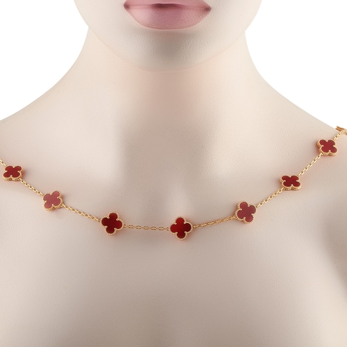 17 - A Van Cleef & Arpels Alhambra 18K Yellow Gold Carnelian 20-Motif Necklace. Crafted from 18K Yellow G... 