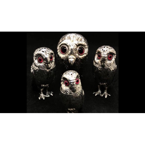130 - 19th Century antique English silver antique original four piece owl cruet set by George Richards and... 
