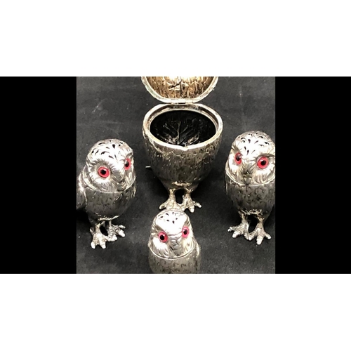 130 - 19th Century antique English silver antique original four piece owl cruet set by George Richards and... 