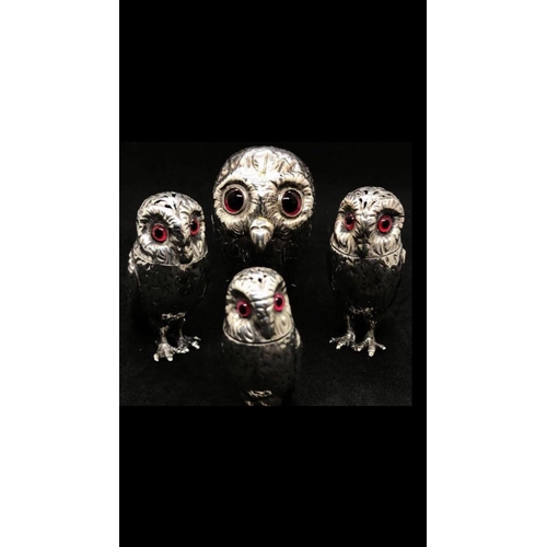 130 - 19th Century antique English silver antique original four piece owl cruet set by George Richards and... 