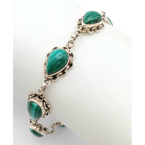 1245 - A Vintage Sterling Silver Malachite Bracelet-Fits 19 to 22cm. Set with Seven 1.2cm length Pear Cut M... 