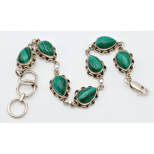 1245 - A Vintage Sterling Silver Malachite Bracelet-Fits 19 to 22cm. Set with Seven 1.2cm length Pear Cut M... 