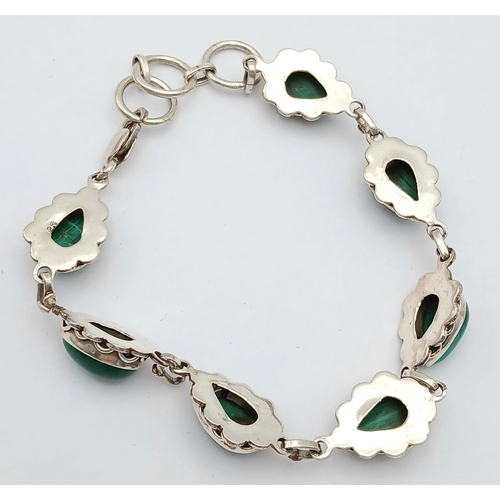 1245 - A Vintage Sterling Silver Malachite Bracelet-Fits 19 to 22cm. Set with Seven 1.2cm length Pear Cut M... 
