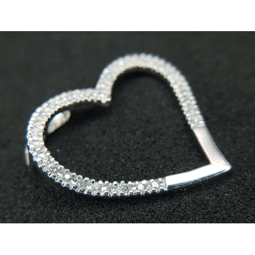 573 - A 9K WHITE GOLD, DIAMOND SET , OPEN HEART PENDANT. 1.2G. SC 1013