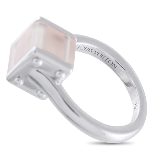 1713 - A Louis Vuitton 18K White Gold Rose Quartz Ring. Rectangular Rose Quartz is mounted at the center of... 