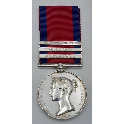 A Military General Service Medal 1848 to the 1st Staffordshire Regiment with the three Peninsula War clasps:  ‘Salamanca’, ‘Vittoria’ and ‘St Sebastian’.  Named to: J Pack, 38th Foot.
The 38th Foot (1st Staffordshire) was raised in 1705.  Following the Childers reforms the regiment was amalgamated with the 80th Regiment (Staffordshire Volunteers) to form the South Staffordshire Regiment.
The 1st Battalion embarked for the Peninsula in June 1808 and saw action at the Battle of Roleica on August 1808, the Battle of Vimiera later in August 1808, and the retreat to Corunna under Lieutenant-General Sir John Moore in June 1809. The 1st battalion also took part in the disastrous Walcheren campaign in autumn 1809. The 1st Battalion returned to the Peninsula in spring 1812 and took part in the Battle of Salamanca in July 1812,the siege of Burgos in September 1812, the Battle of Vittoria in June 1813 and the siege of St Sebastian in September 1813. It then took part in the pursuit of the French Army into France and fought at the Battles of Nivelle, in November 1813, Nive in December 1813, Orthez in February 1814  and Toulouse and Bayonne  in April 1814. Pte Pack may have been wounded or time-expired after St Sebastian and did not take part in the final advance across the Pyrenees and into France.
With some light edge-bruising, but generally Good Very Fine (GVF) condition.