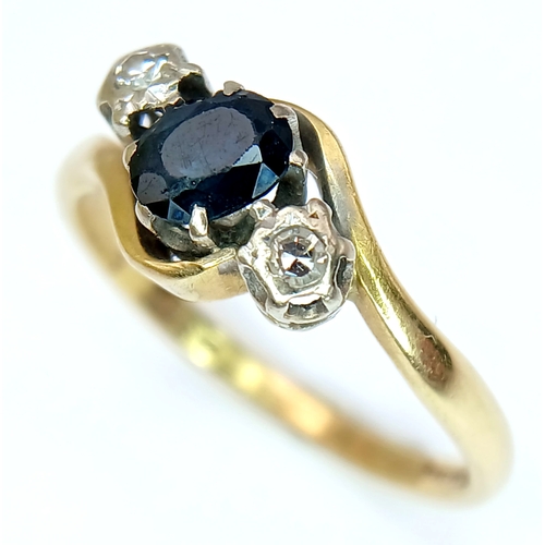 42 - Classic 18 CARAT GOLD CROSSOVER STYLE RING. CENTRE SAPPHIRE with DIAMOND POINT SIDES . 3.6 Grams. Si... 