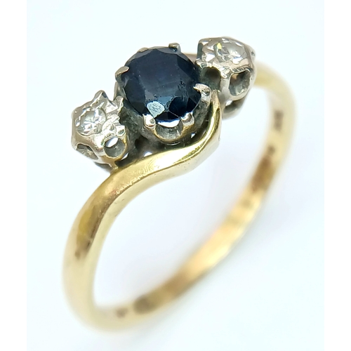 42 - Classic 18 CARAT GOLD CROSSOVER STYLE RING. CENTRE SAPPHIRE with DIAMOND POINT SIDES . 3.6 Grams. Si... 