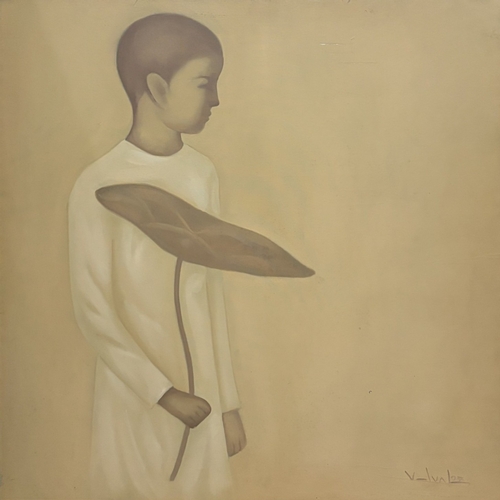 Meditation by Hong Viet Dung, 90 x 90 cm, Oil on canvas. Signed in the lower right. Hong Viet Dung (1962–2017), Vietnamese oil painter who graduated from the Hanoi University of Fine Arts. He was known for his contemplative, figurative paintings often depicting Vietnamese women in tranquil, meditative settings with rich color palettes. This item is held at Cadmore ASIAN Office in Vietnam and will be shipped from there. Buyers will be responsible for direct shipping payments. Delivery will take slightly longer.