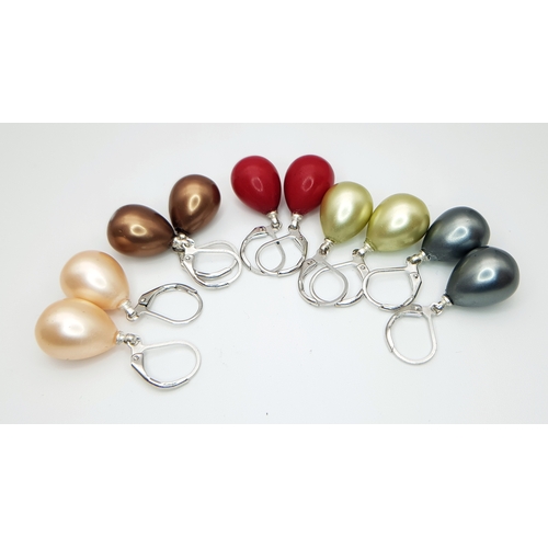565 - Five Pairs of Different Colour South Sea Pearl Shell Earrings.
Pear shape. Lever-back clasp with a 2... 