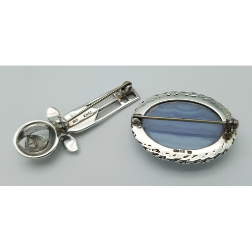 1207 - A Sterling Silver Pale Blue Oval Agate Brooch set in Silver PLUS a Sterling Silver Kit Heath Scottis... 