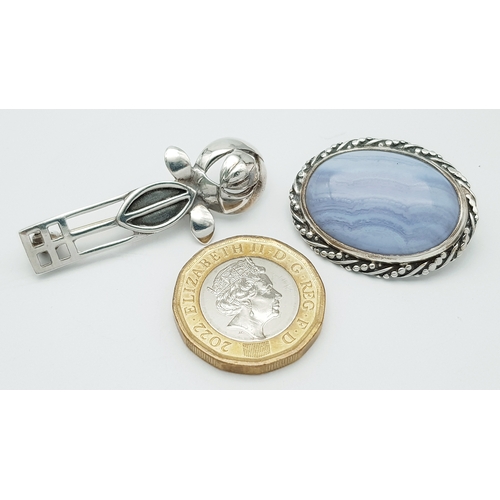 1207 - A Sterling Silver Pale Blue Oval Agate Brooch set in Silver PLUS a Sterling Silver Kit Heath Scottis... 