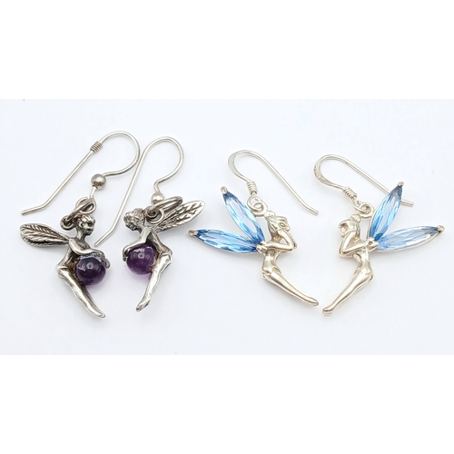 1718 - 2X pairs of 925 silver stone set Tinker bell fairy earrings. Total weight 8.1G