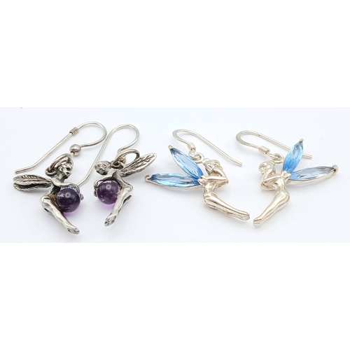 1718 - 2X pairs of 925 silver stone set Tinker bell fairy earrings. Total weight 8.1G