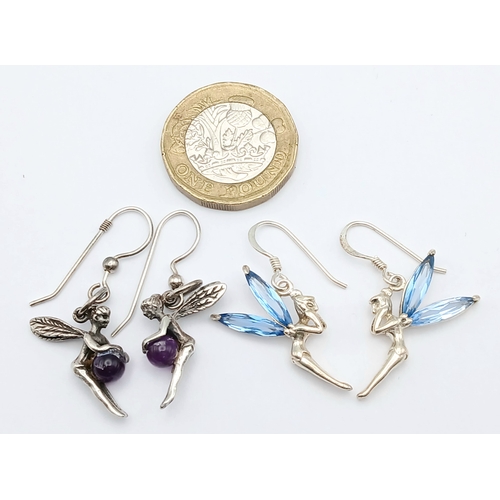 1718 - 2X pairs of 925 silver stone set Tinker bell fairy earrings. Total weight 8.1G